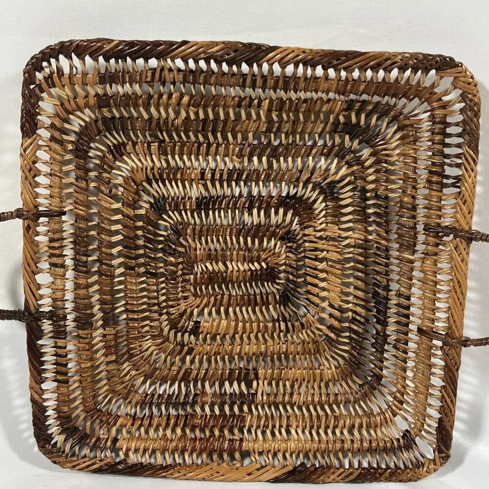 Vintage Wicker Basket Wall Art Hanging Handles Boho Farmhouse Tray 9.75” Square